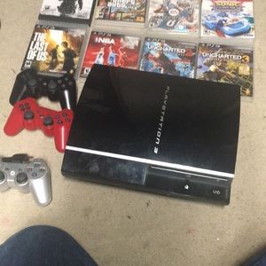 PS3 comes with 8 games and three controllers and power cord and one account